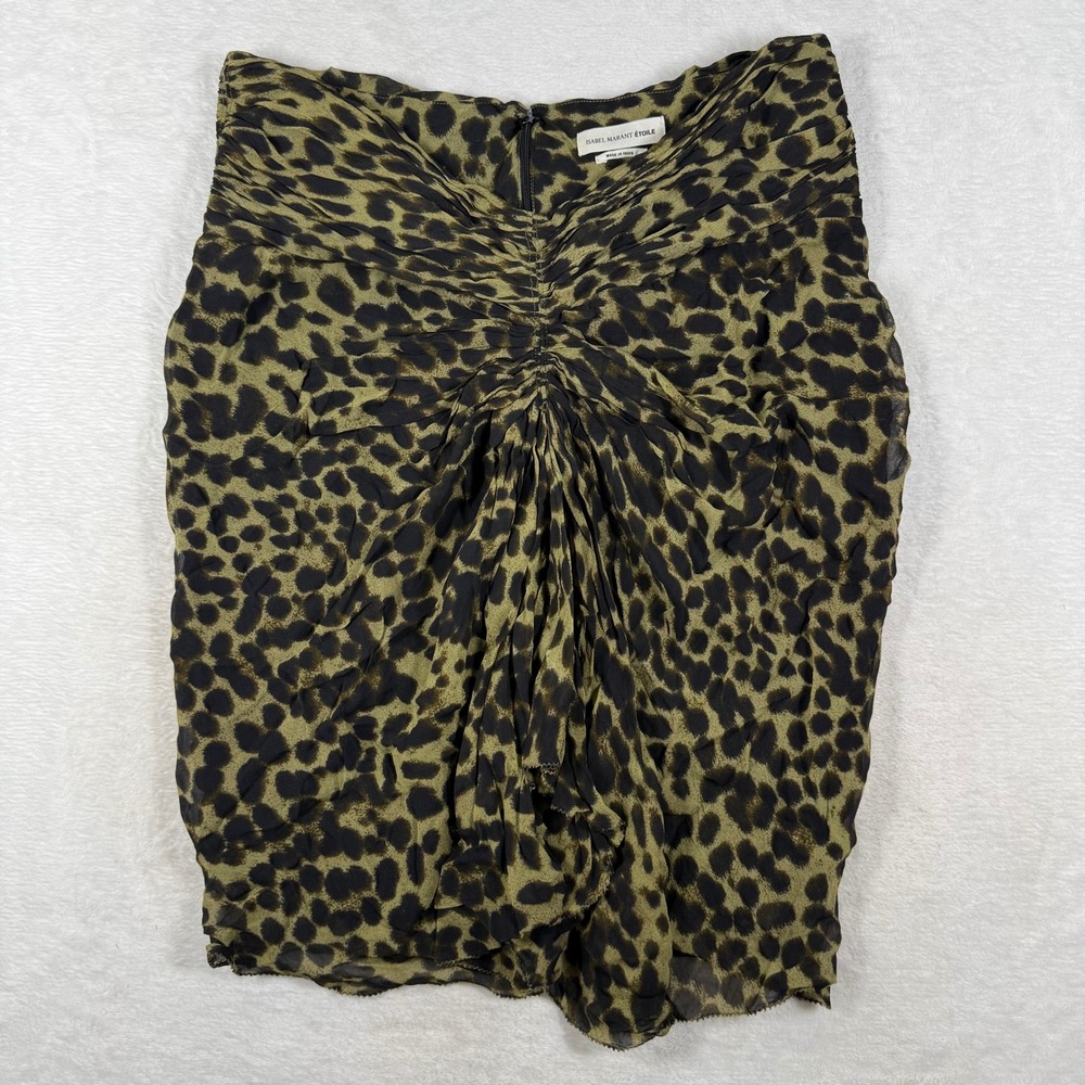Isabel Marant Etoile Leopard Print Ruched Mini Skirt Olive Green Black Size 42